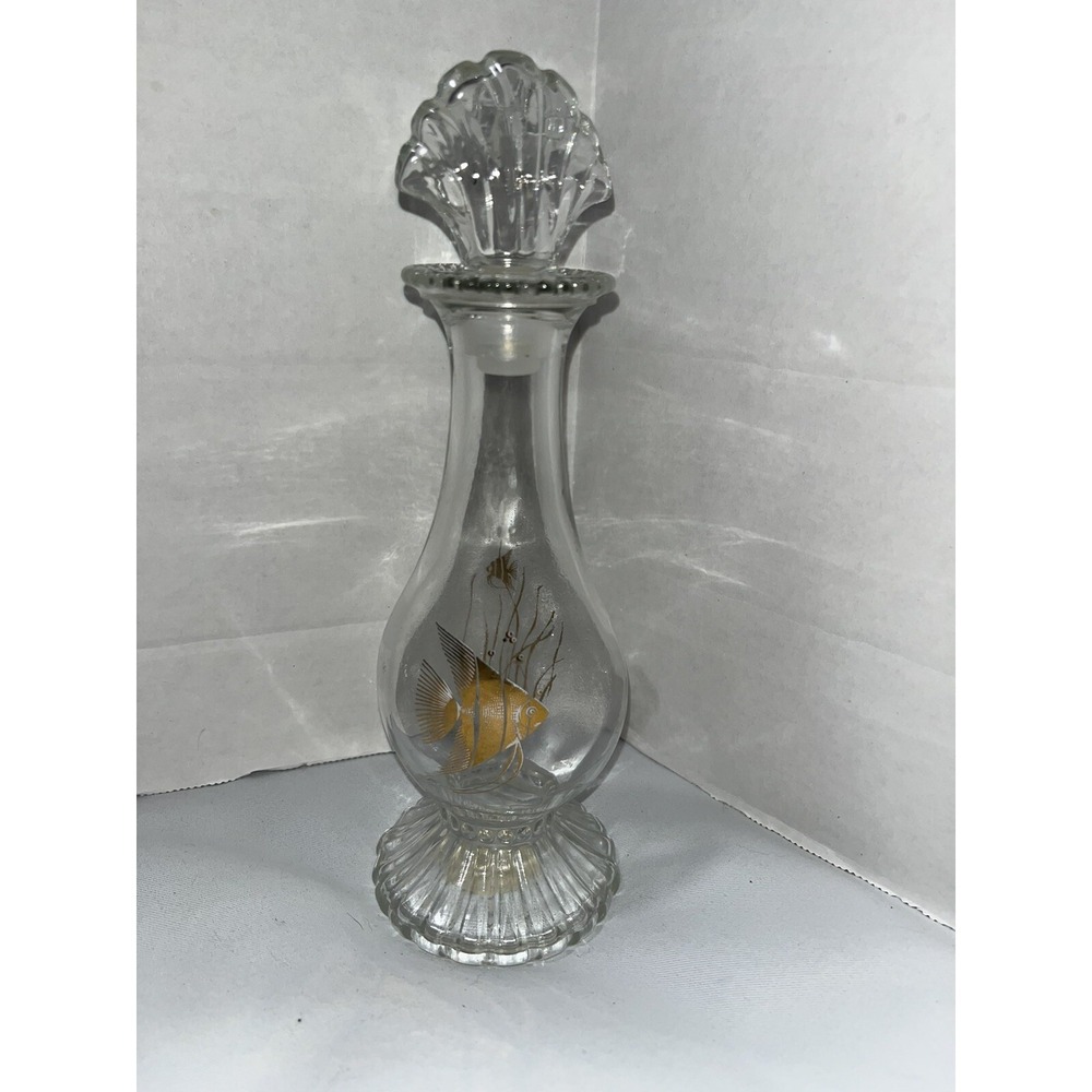 Vintage Gold Angel Fish Glass Perfume Bottle Bath Oil Apothecary Decanter‎ Shell